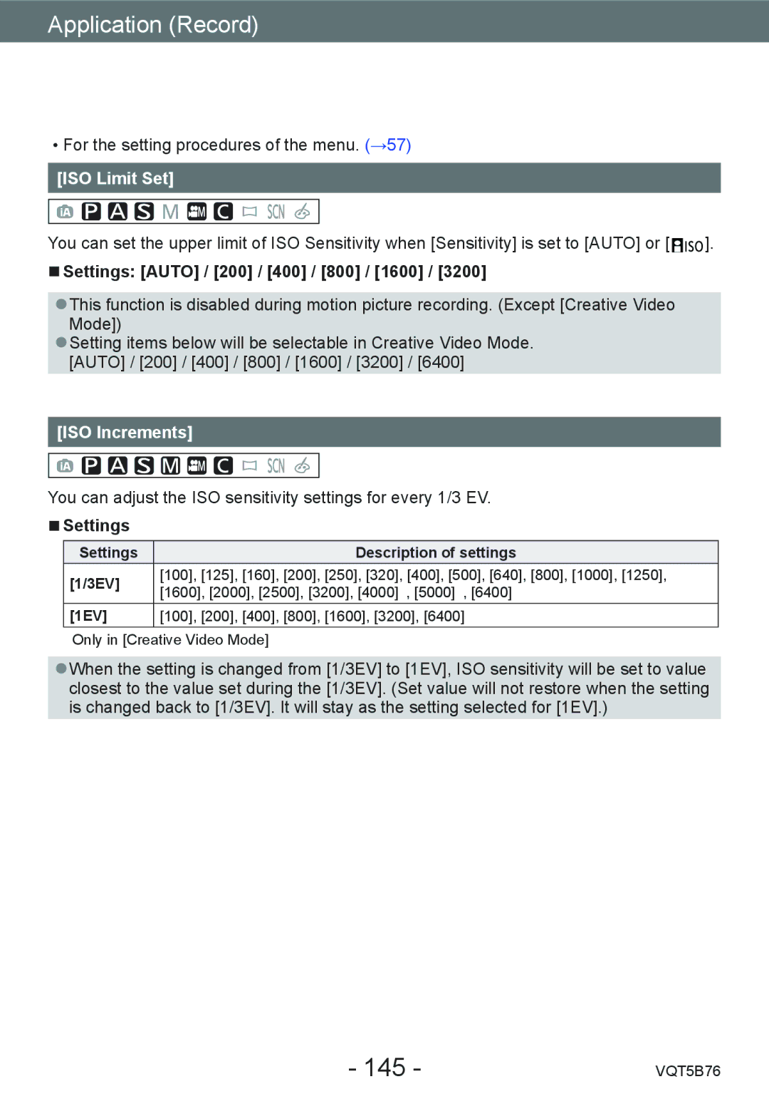 Panasonic DMC-FZ70 owner manual 145, ISO Limit Set, Settings Auto / 200 / 400 / 800 / 1600, ISO Increments 