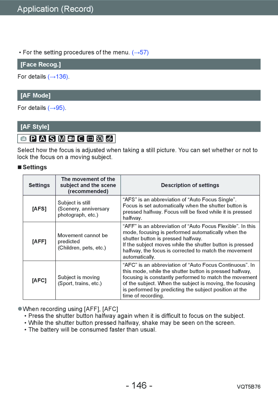 Panasonic DMC-FZ70 owner manual 146, Face Recog, AF Mode, AF Style 