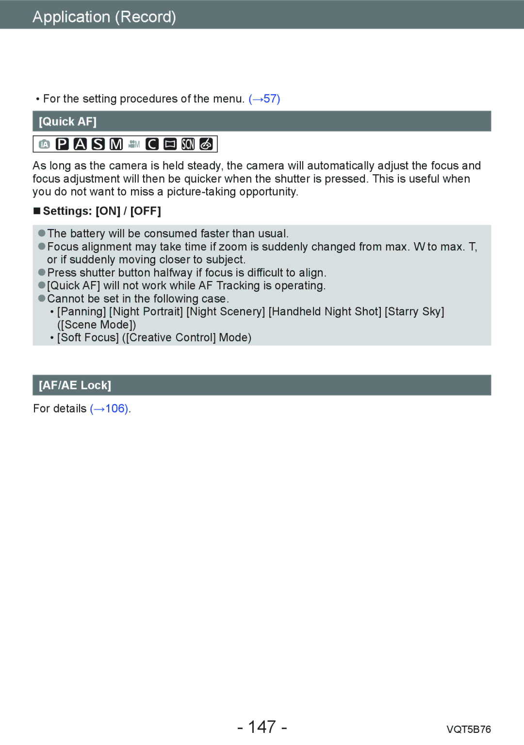 Panasonic DMC-FZ70 owner manual 147, Quick AF, AF/AE Lock 