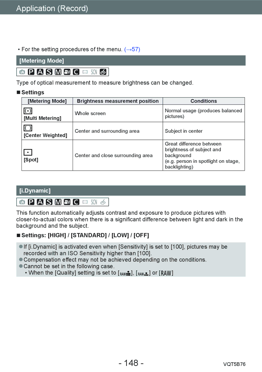 Panasonic DMC-FZ70 owner manual 148, Metering Mode, Dynamic, Settings High / Standard / LOW / OFF 