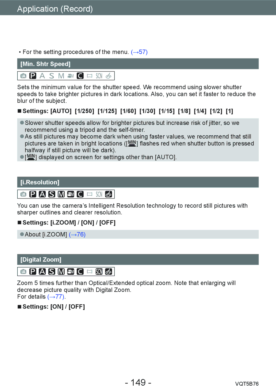 Panasonic DMC-FZ70 owner manual 149, Min. Shtr Speed, Resolution, Digital Zoom 