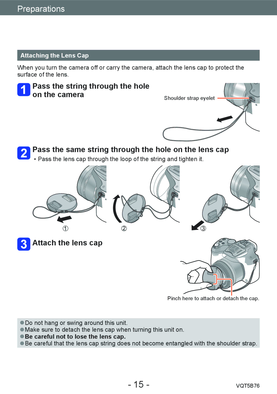Panasonic DMC-FZ70 owner manual Attaching the Lens Cap/Shoulder Strap, Pass the string through the hole On the camera 