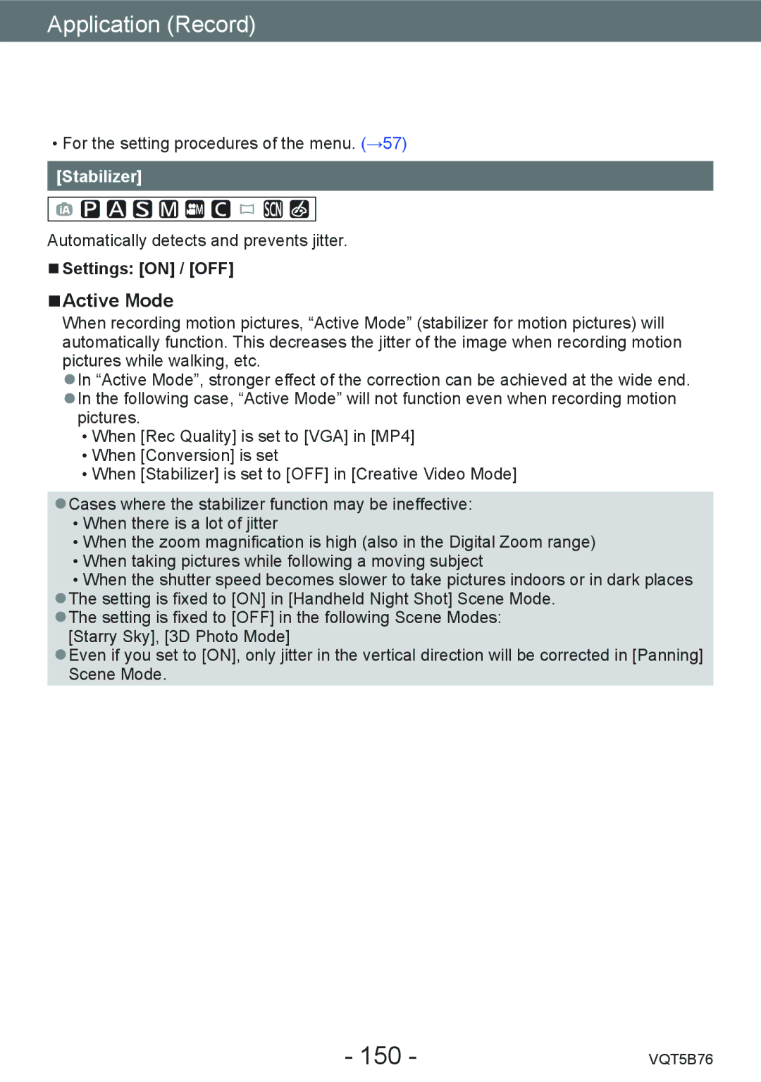 Panasonic DMC-FZ70 owner manual 150, Active Mode, Stabilizer 