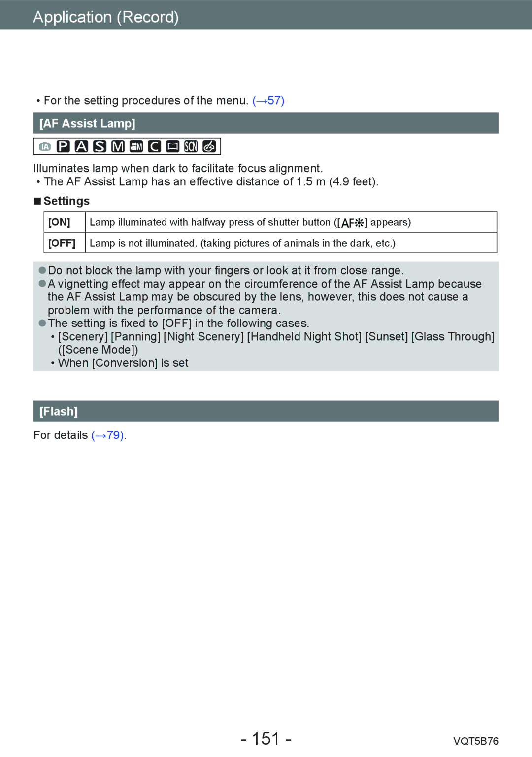 Panasonic DMC-FZ70 owner manual 151, AF Assist Lamp, Flash 