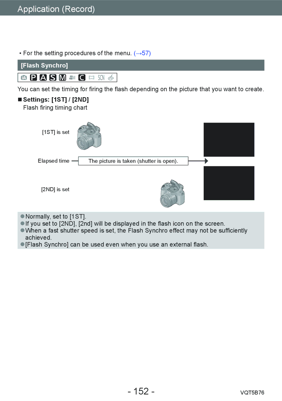 Panasonic DMC-FZ70 owner manual 152, Flash Synchro, Settings 1ST / 2ND 