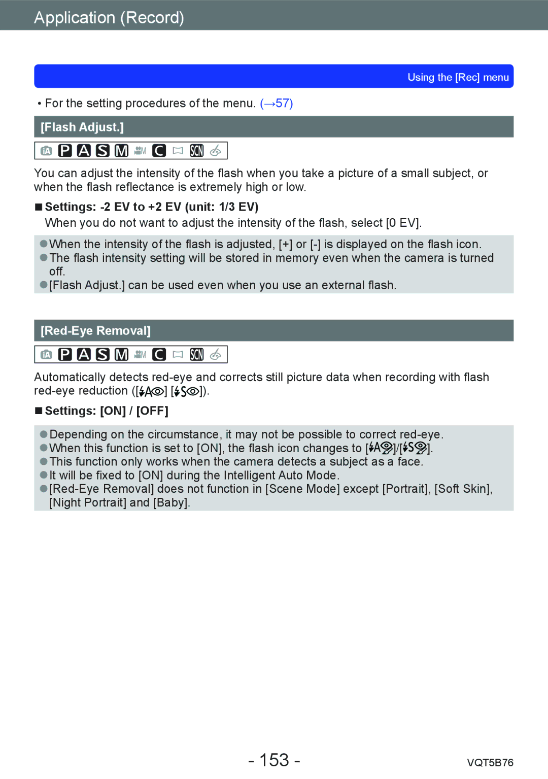 Panasonic DMC-FZ70 owner manual 153, Flash Adjust, Settings -2 EV to +2 EV unit 1/3 EV, Red-Eye Removal 