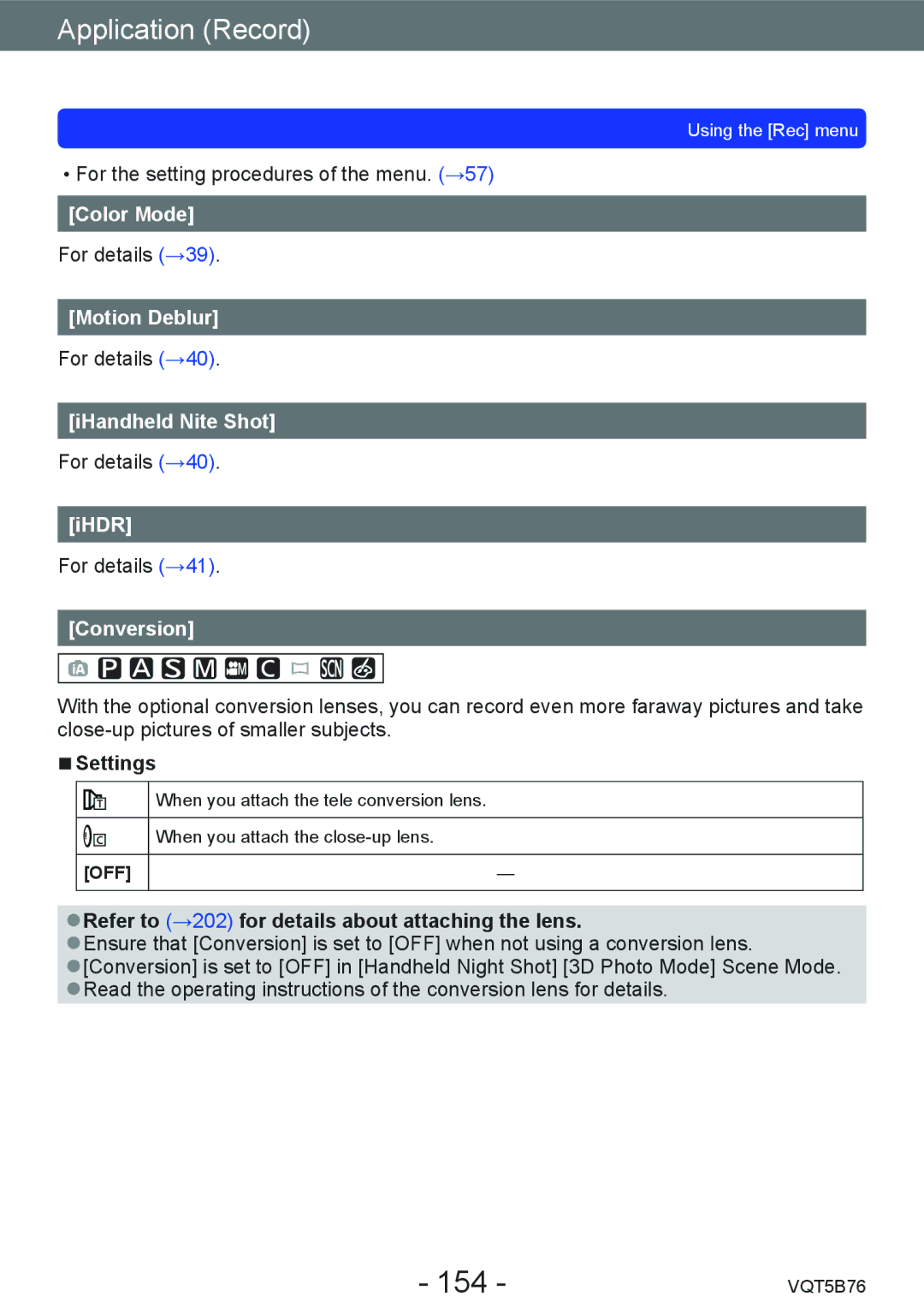 Panasonic DMC-FZ70 owner manual 154, Conversion, Refer to →202 for details about attaching the lens 