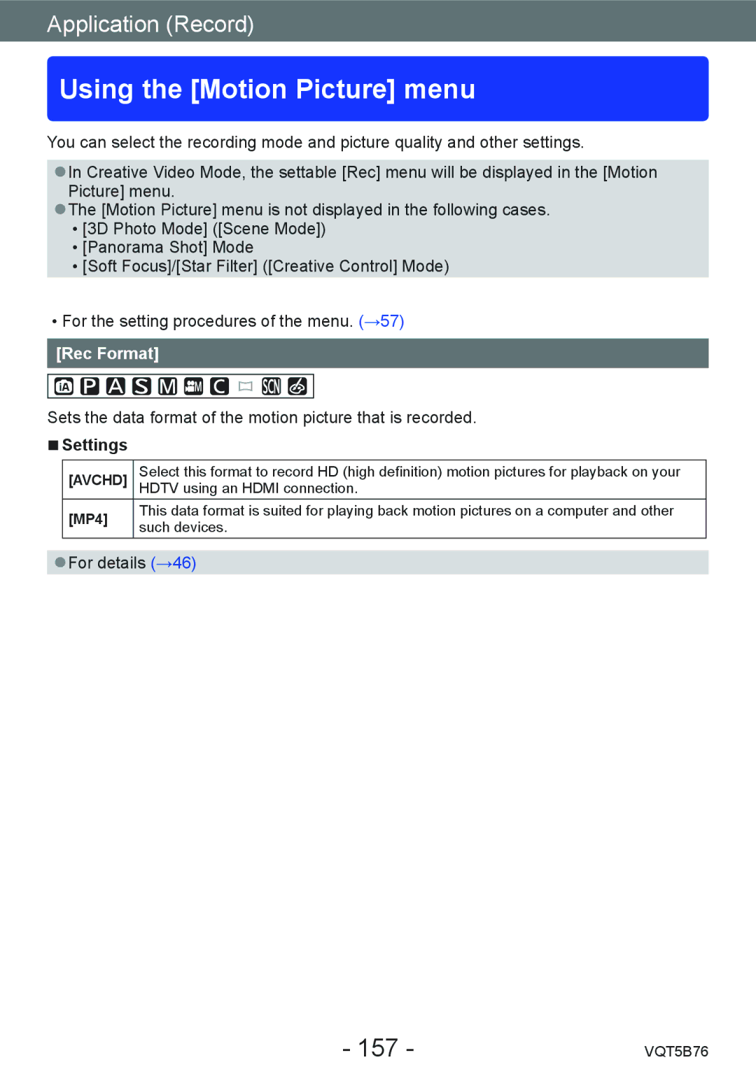 Panasonic DMC-FZ70 owner manual Using the Motion Picture menu, 157, Rec Format, MP4 