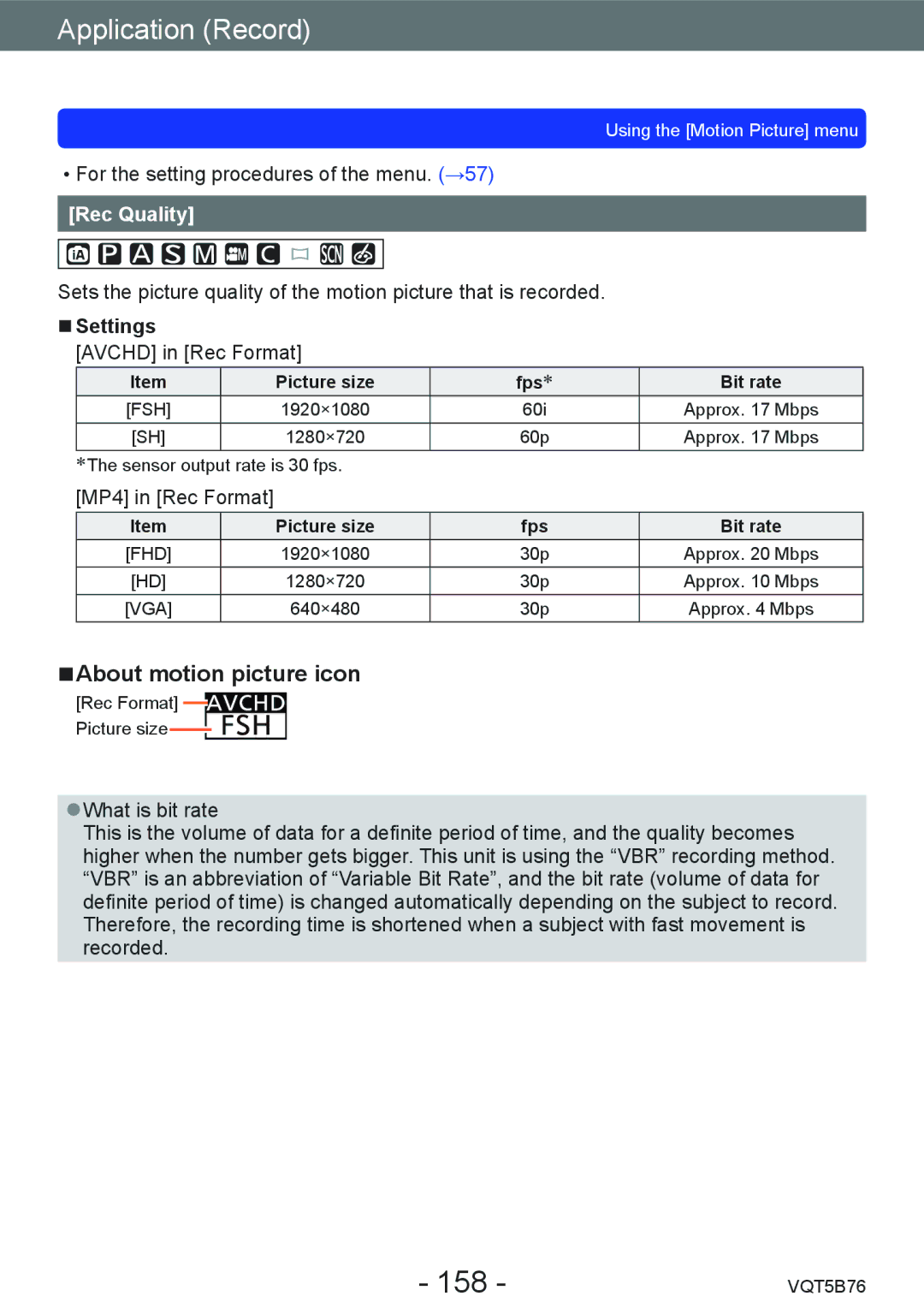 Panasonic DMC-FZ70 owner manual 158, About motion picture icon, Rec Quality, Picture size Fps ∗, Picture size Fps Bit rate 