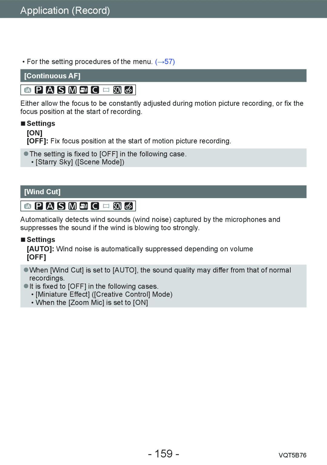 Panasonic DMC-FZ70 owner manual 159, Continuous AF, Wind Cut 