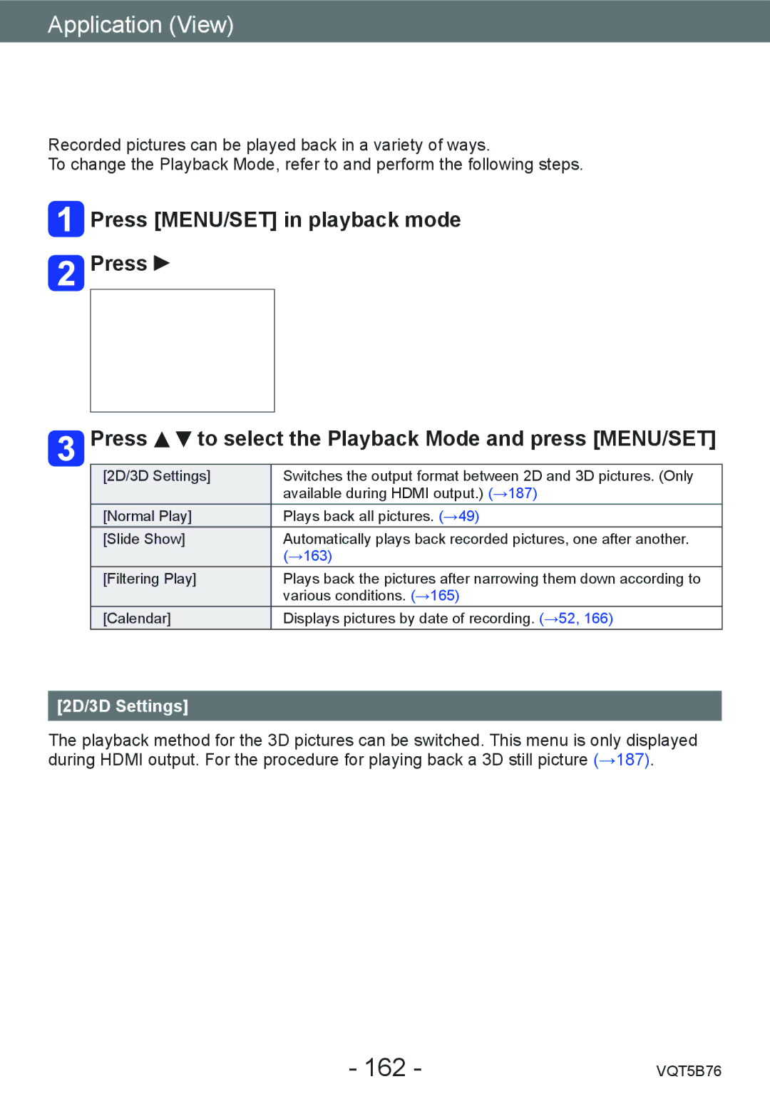 Panasonic DMC-FZ70 owner manual Different playback methods Playback Mode, 162, 2D/3D Settings 