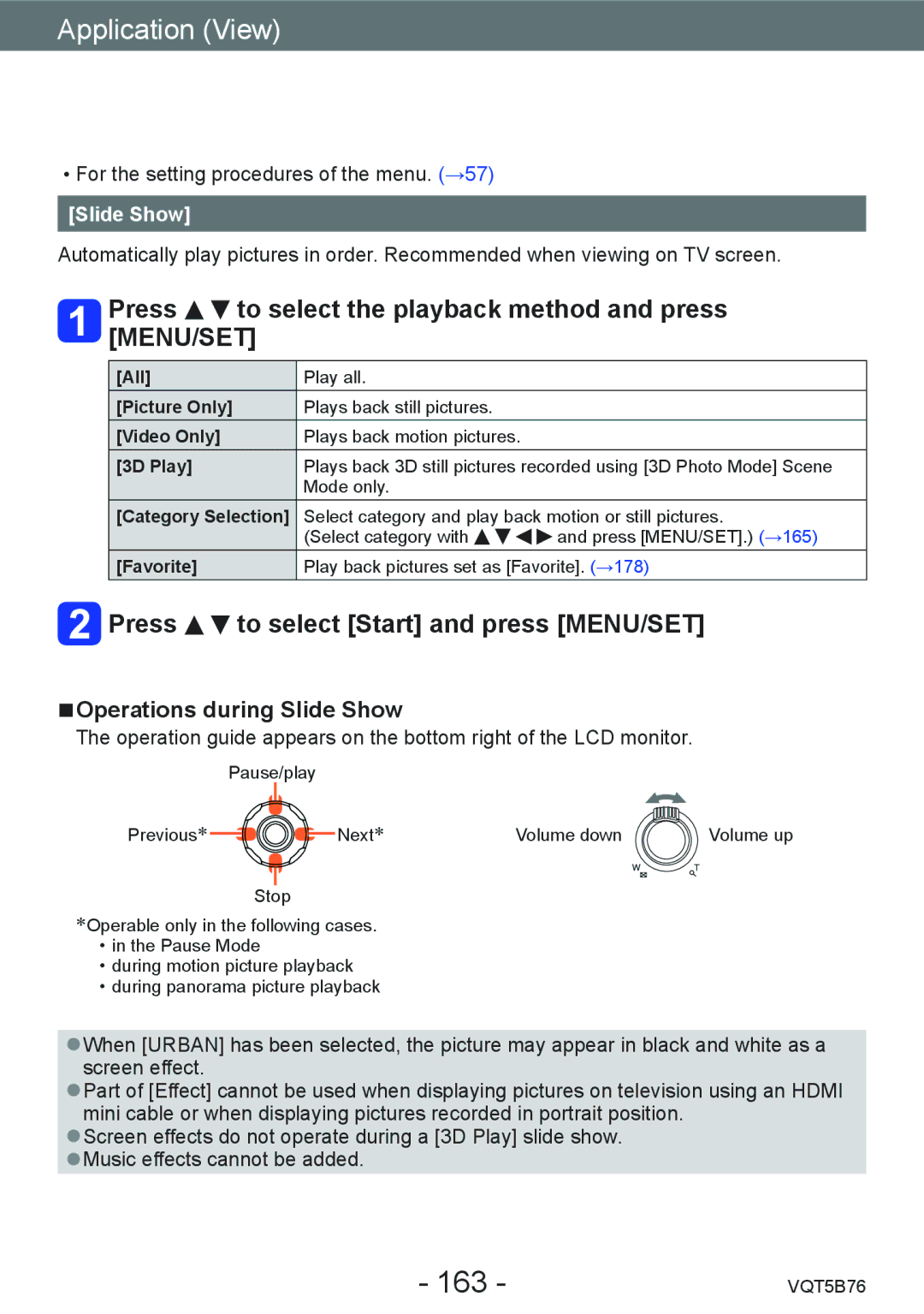 Panasonic DMC-FZ70 163, Press to select the playback method and press MENU/SET, Press to select Start and press MENU/SET 