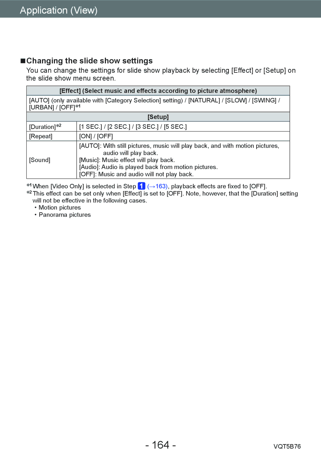 Panasonic DMC-FZ70 owner manual 164, Changing the slide show settings, Setup 