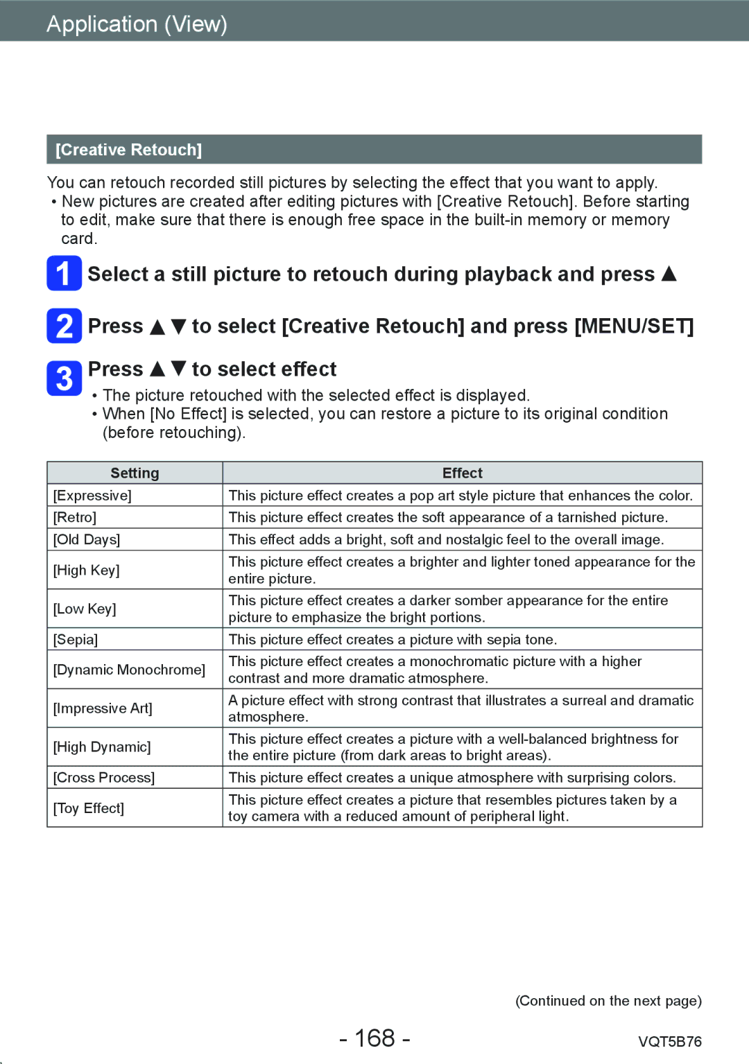 Panasonic DMC-FZ70 owner manual 168, Creative Retouch, Setting Effect 