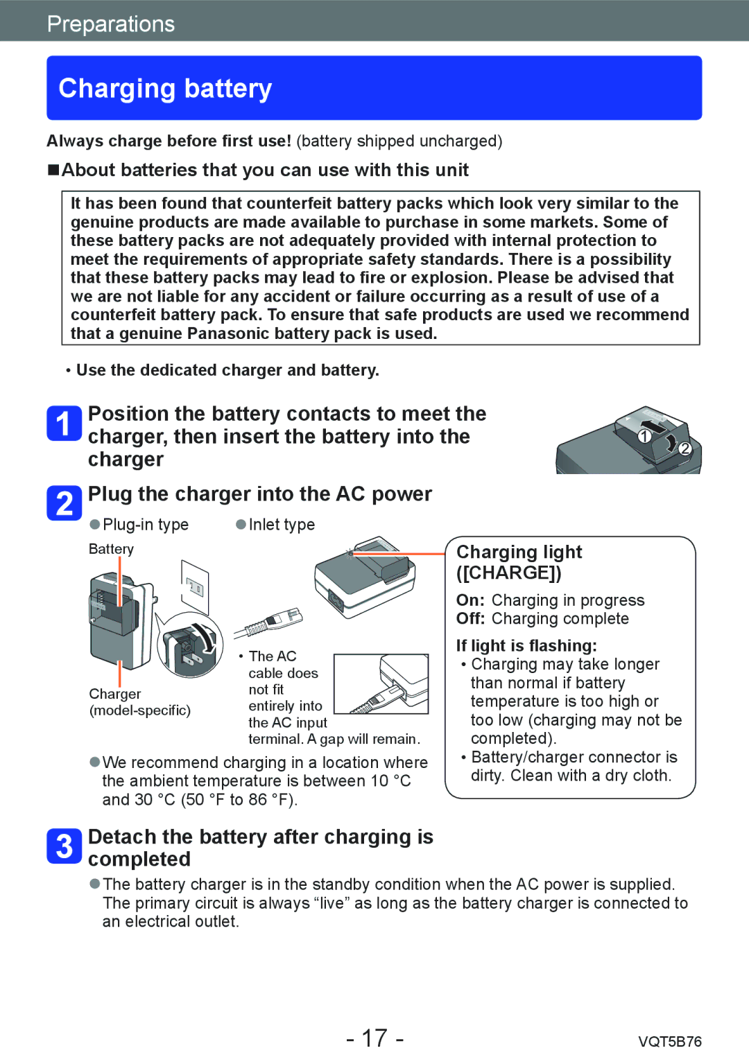 Panasonic DMC-FZ70 owner manual Charging battery, Detach the battery after charging is completed, Charging light Charge 