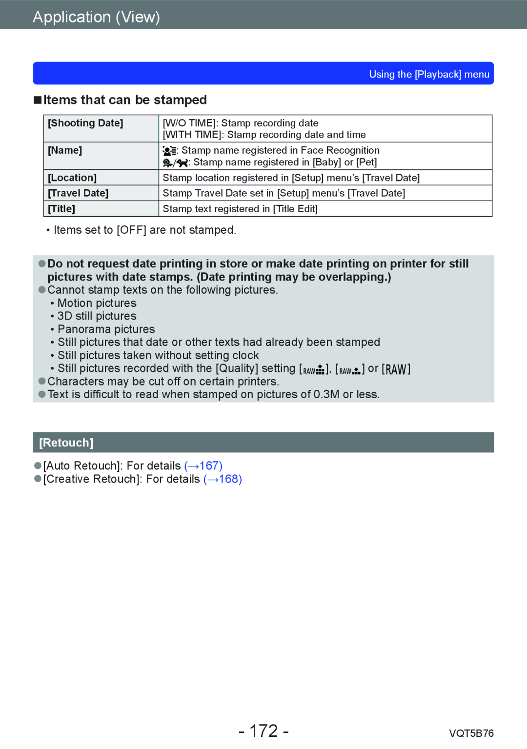 Panasonic DMC-FZ70 owner manual 172, Items that can be stamped, Retouch 