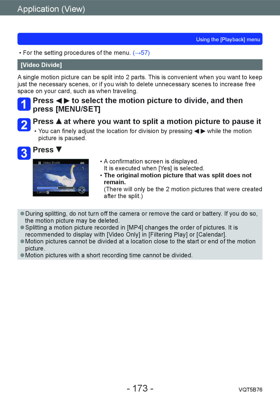 Panasonic DMC-FZ70 owner manual 173, Video Divide, Original motion picture that was split does not remain 