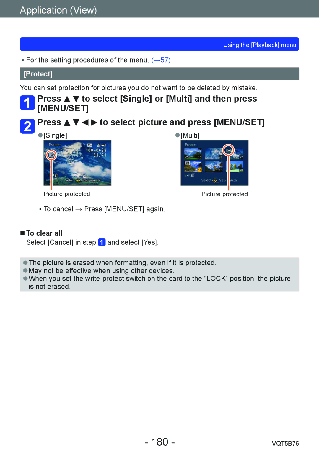 Panasonic DMC-FZ70 owner manual 180, Protect 