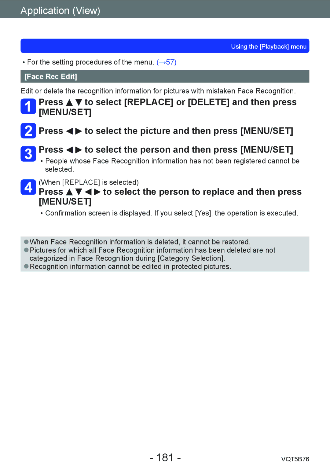 Panasonic DMC-FZ70 owner manual 181, Face Rec Edit 