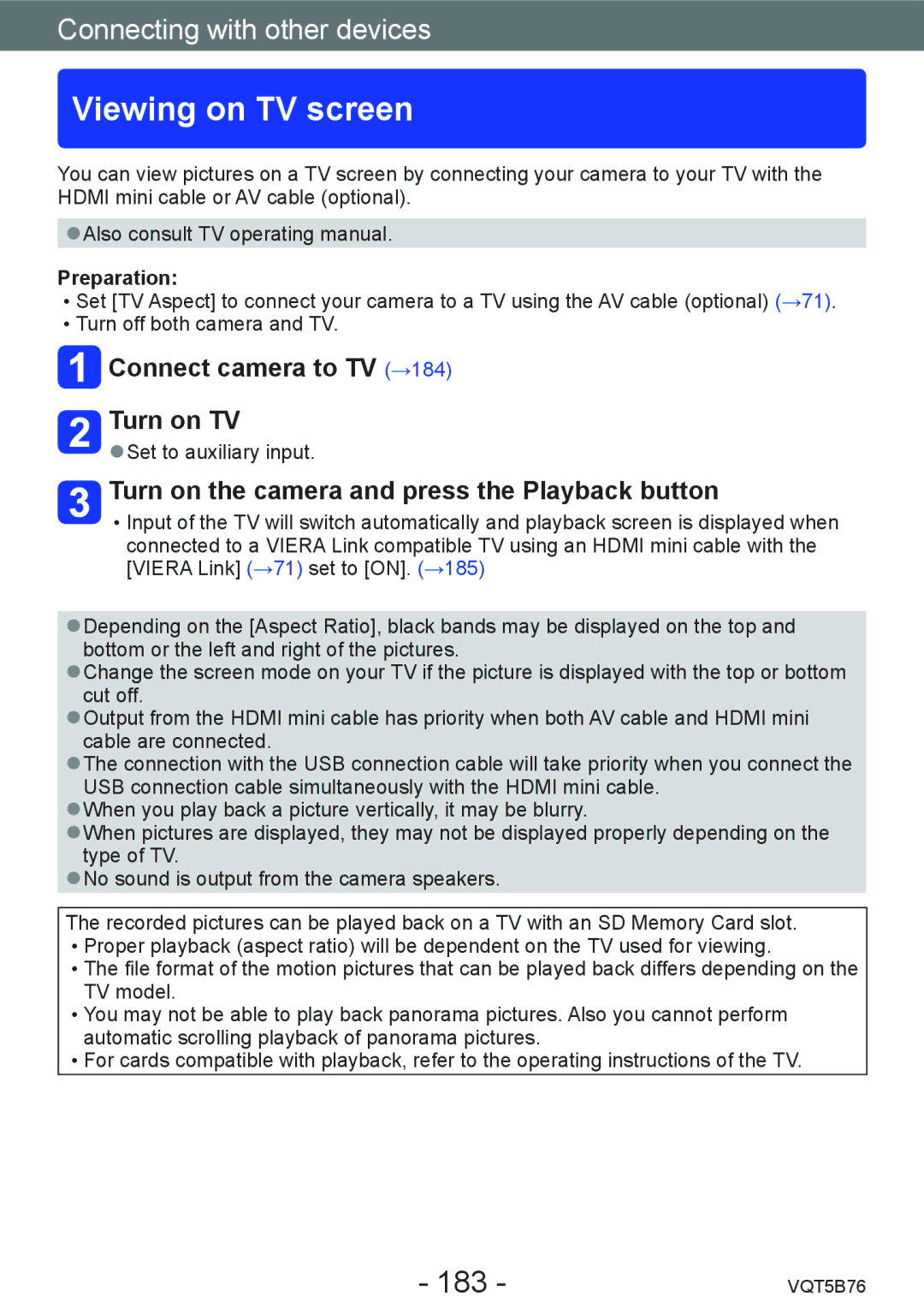 Panasonic DMC-FZ70 owner manual Viewing on TV screen, 183, Connect camera to TV →184 Turn on TV, Preparation 