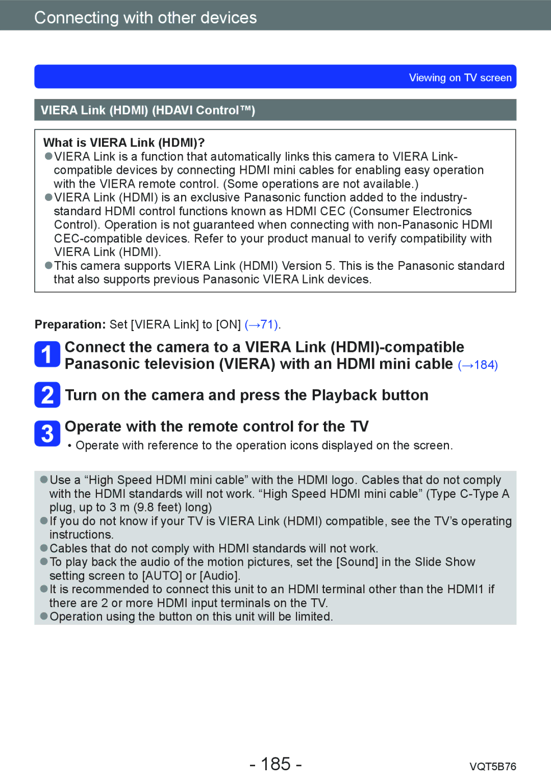 Panasonic DMC-FZ70 owner manual 185, Viera Link Hdmi Hdavi Control, What is Viera Link HDMI? 