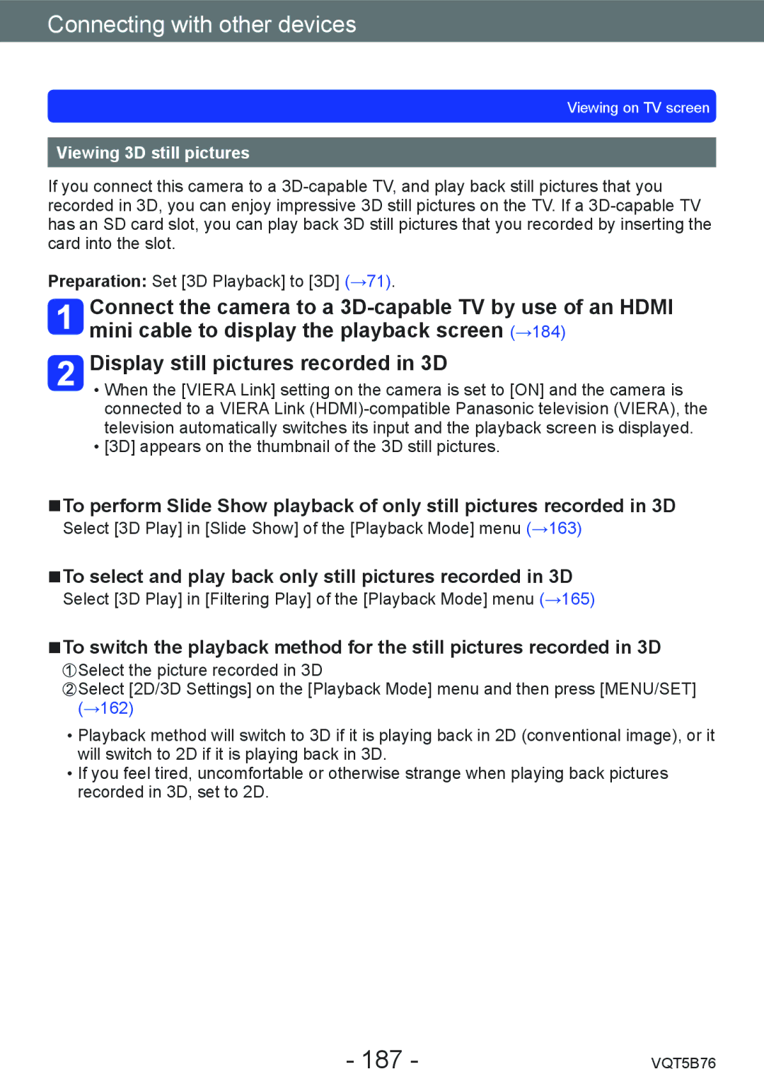 Panasonic DMC-FZ70 owner manual 187, To select and play back only still pictures recorded in 3D, Viewing 3D still pictures 