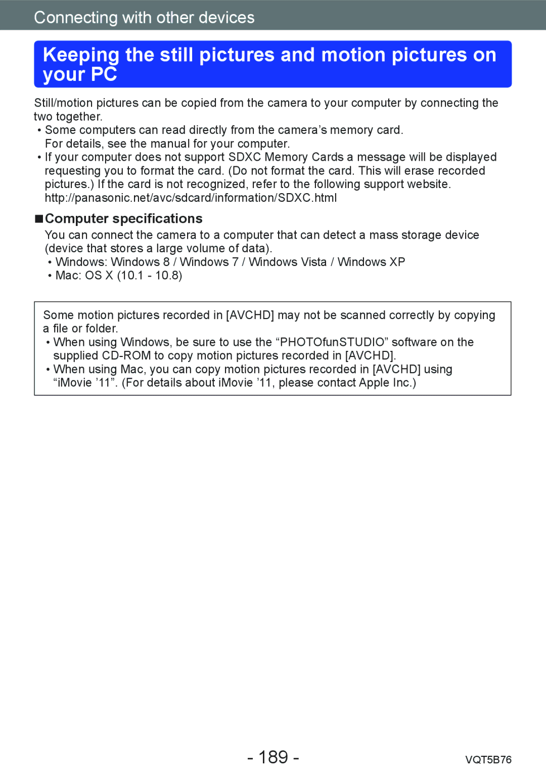 Panasonic DMC-FZ70 owner manual Keeping the still pictures and motion pictures on your PC, 189, Computer specifications 