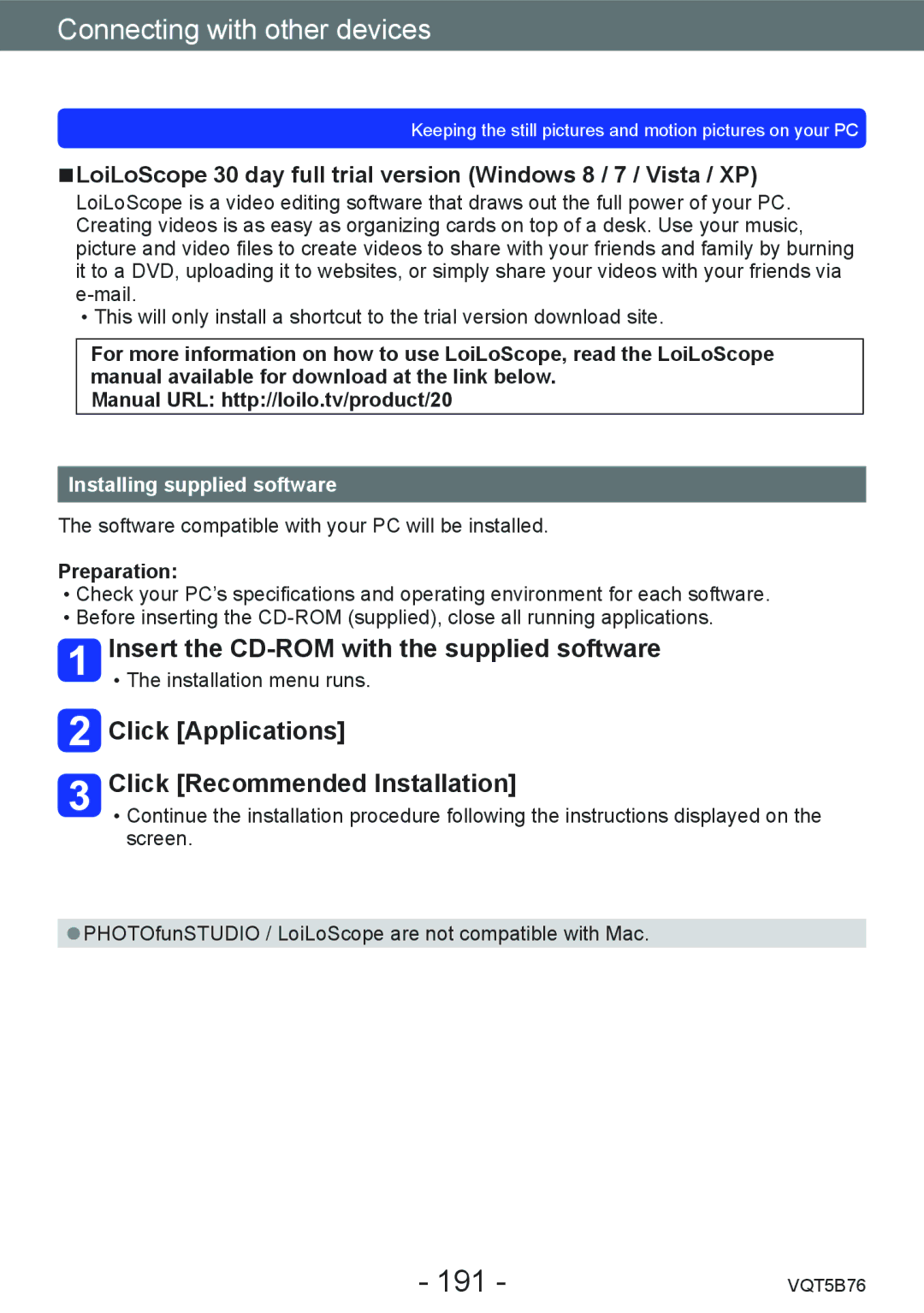 Panasonic DMC-FZ70 owner manual 191, Installing supplied software 