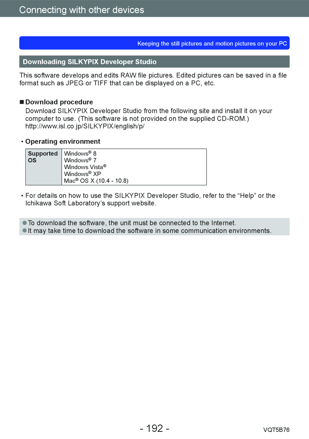 Panasonic DMC-FZ70 192, Downloading Silkypix Developer Studio, Download procedure Operating environment, Supported 