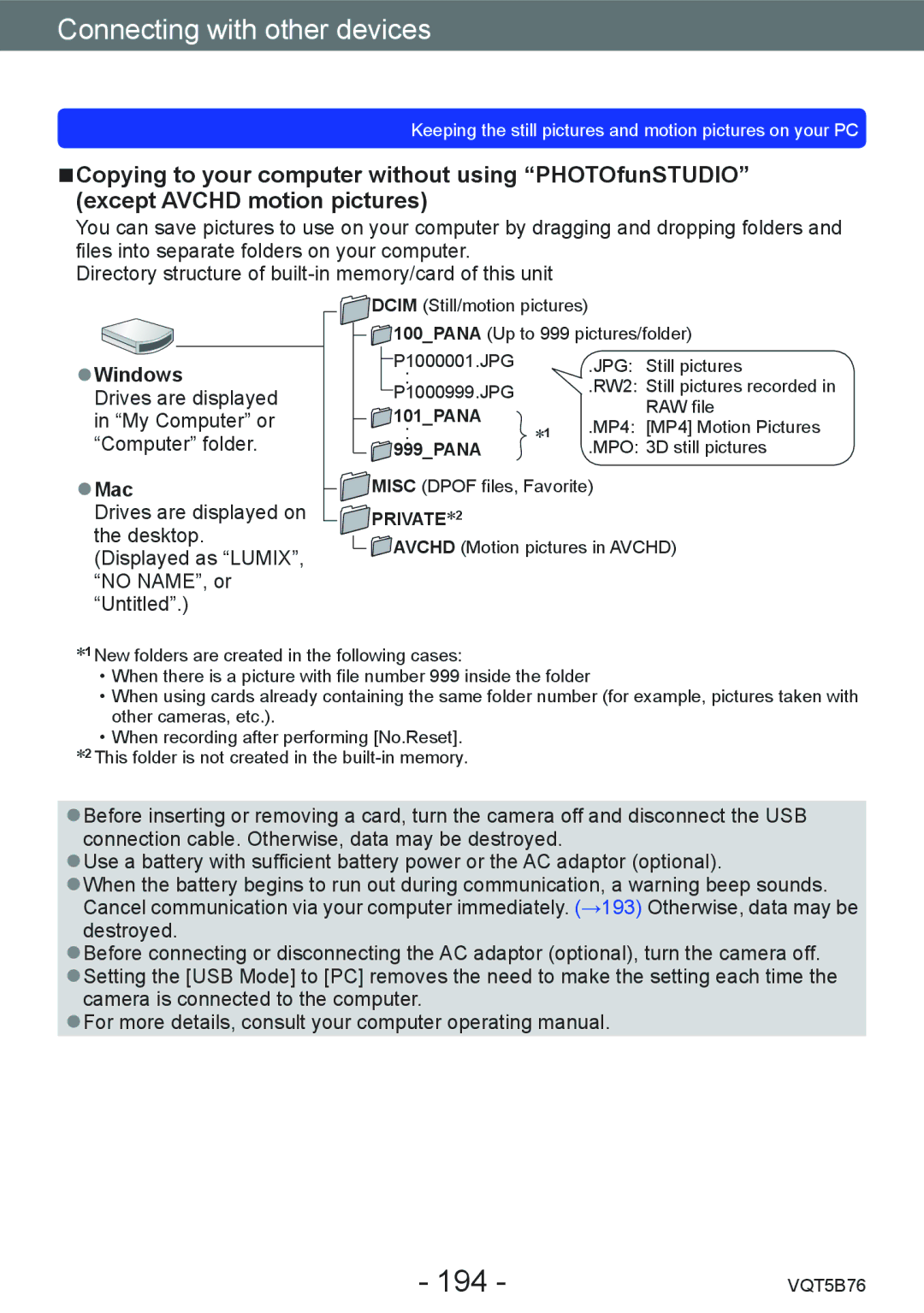 Panasonic DMC-FZ70 owner manual 194, Windows, Mac, 101PANA, 999PANA 