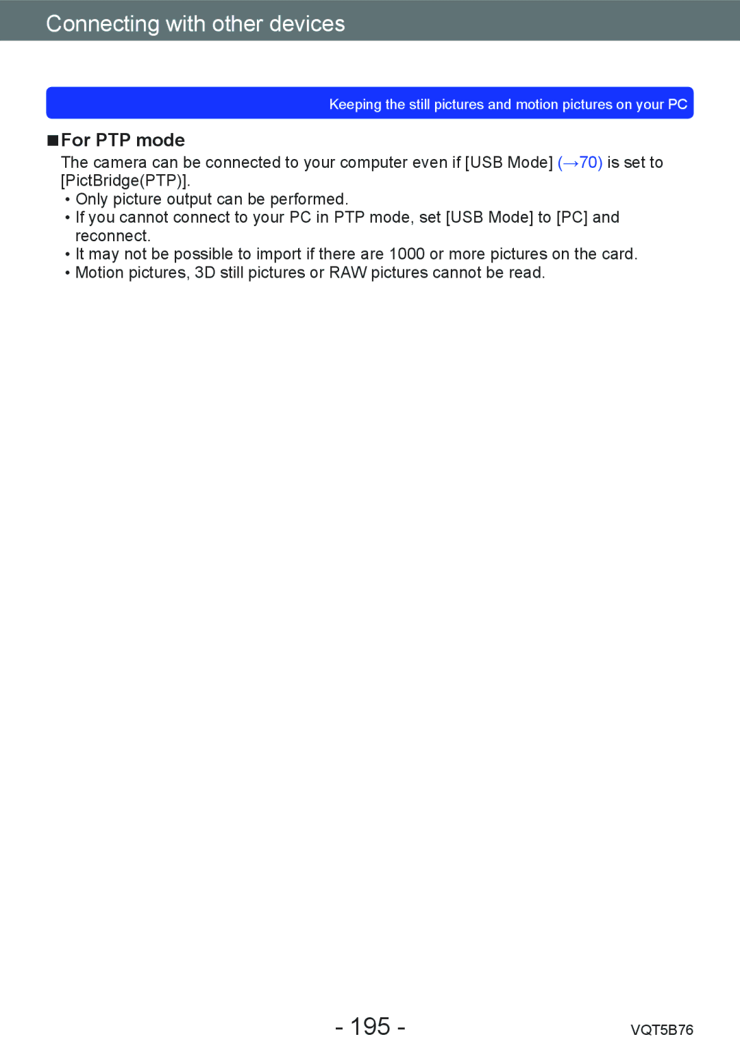 Panasonic DMC-FZ70 owner manual 195, For PTP mode 