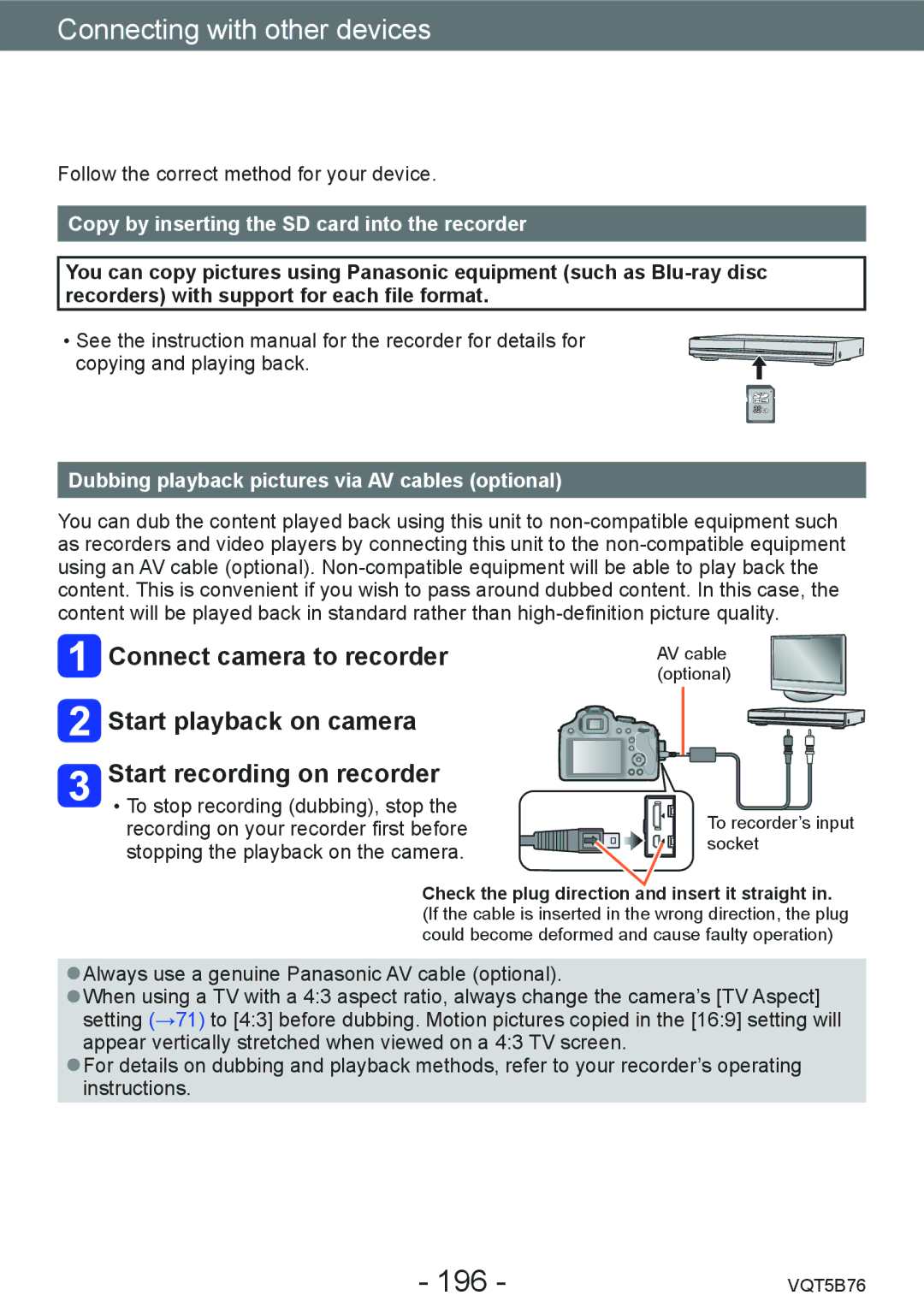 Panasonic DMC-FZ70 196, Copy by inserting the SD card into the recorder, Dubbing playback pictures via AV cables optional 