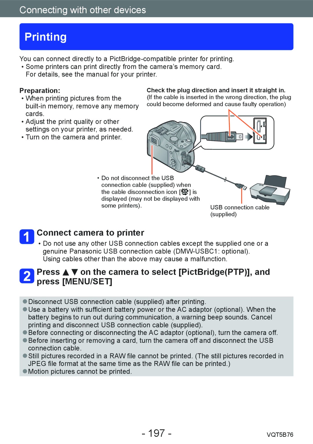 Panasonic DMC-FZ70 owner manual Printing, 197, Connect camera to printer 