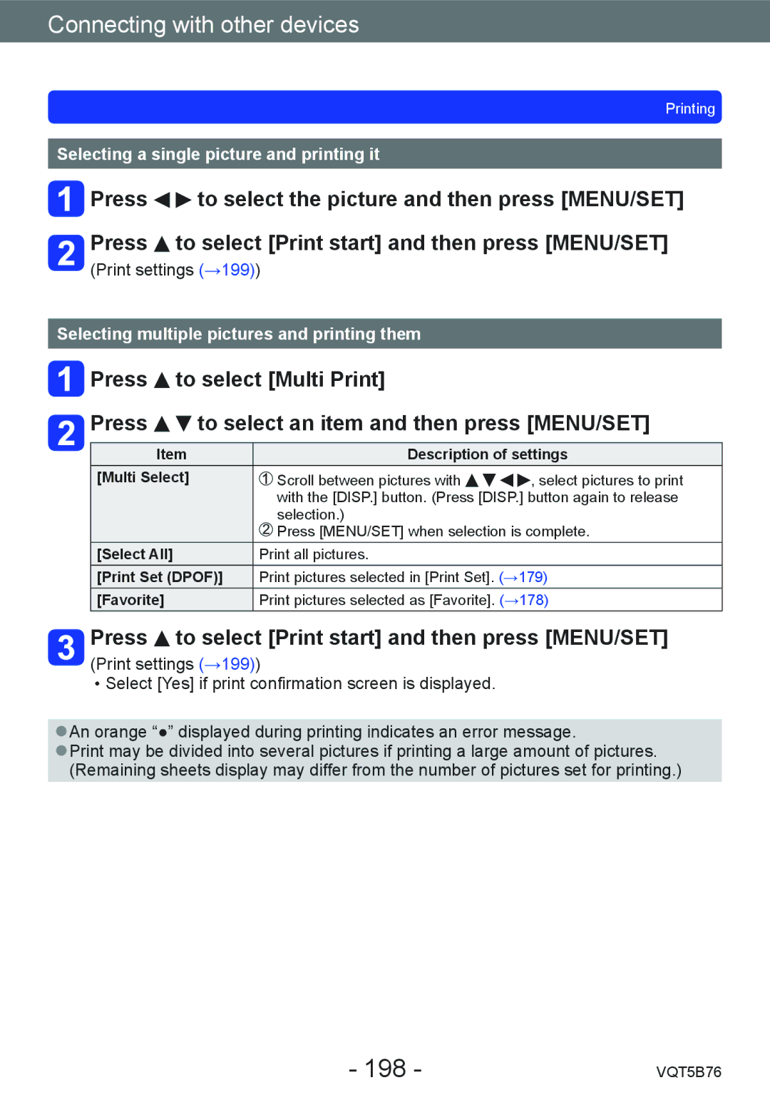 Panasonic DMC-FZ70 198, Press to select Print start and then press MENU/SET, Selecting a single picture and printing it 