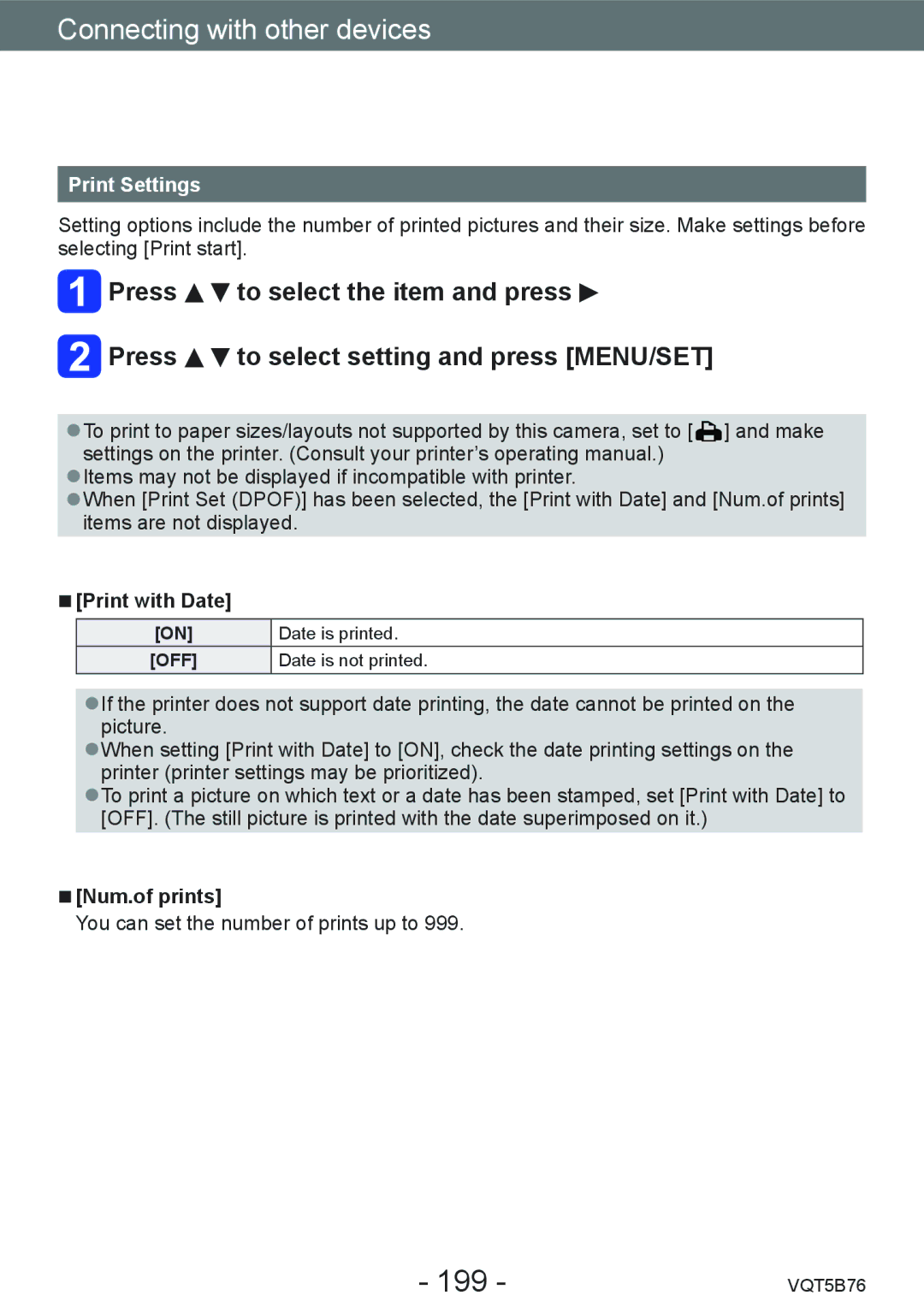 Panasonic DMC-FZ70 owner manual 199, Print Settings, Print with Date, Num.of prints 