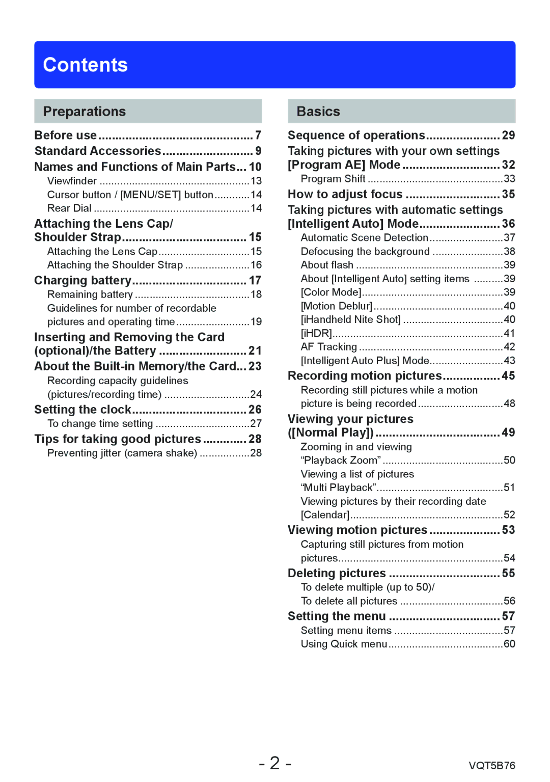 Panasonic DMC-FZ70 owner manual Contents 