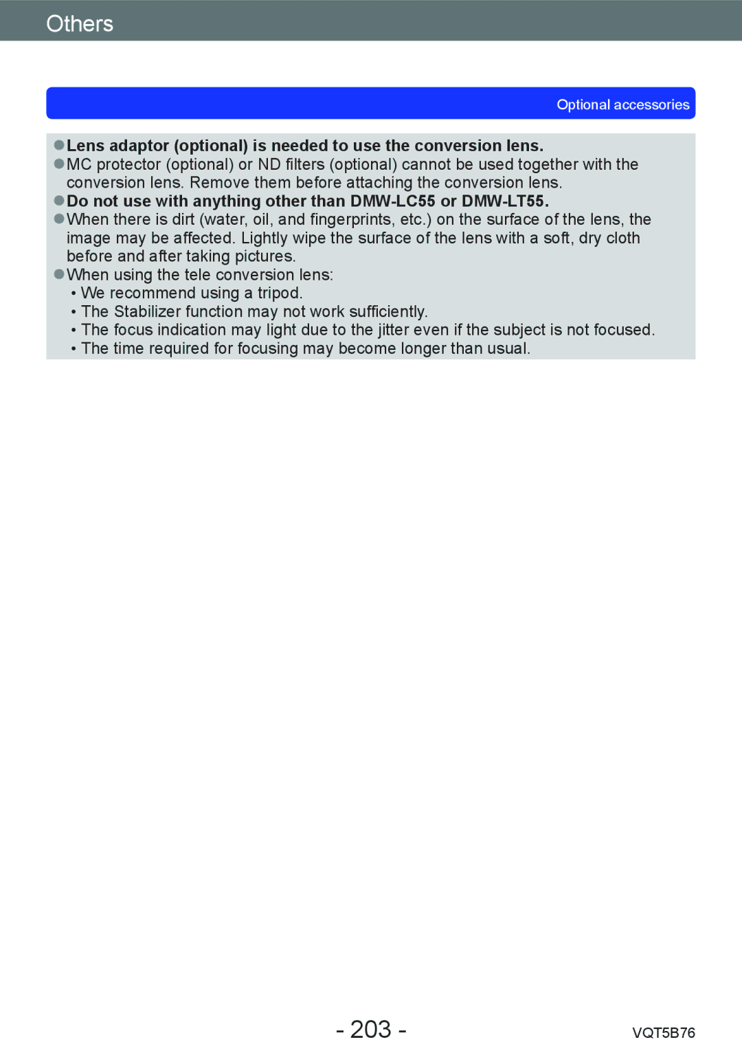 Panasonic DMC-FZ70 owner manual 203, Lens adaptor optional is needed to use the conversion lens 