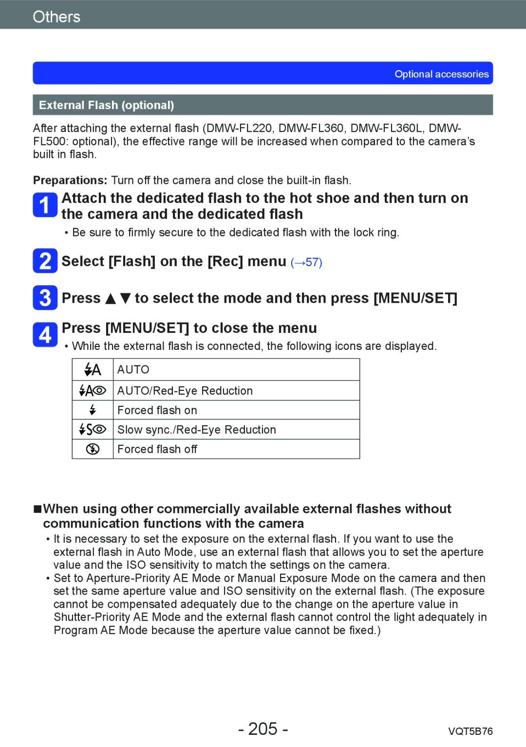 Panasonic DMC-FZ70 owner manual 205, External Flash optional 