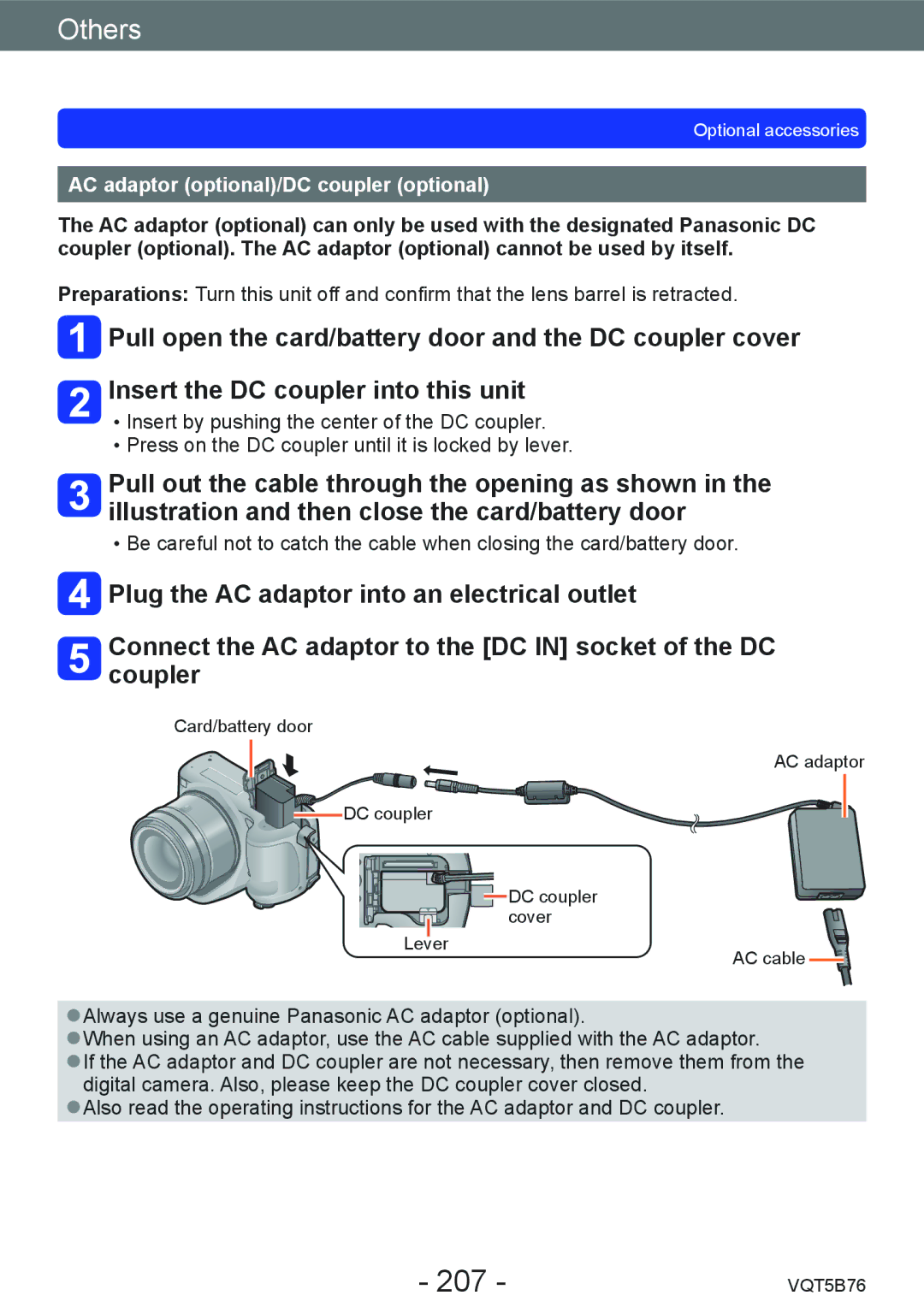 Panasonic DMC-FZ70 owner manual 207, AC adaptor optional/DC coupler optional 