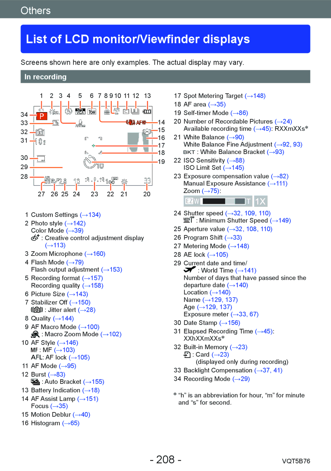 Panasonic DMC-FZ70 owner manual List of LCD monitor/Viewfinder displays, 208, Recording 