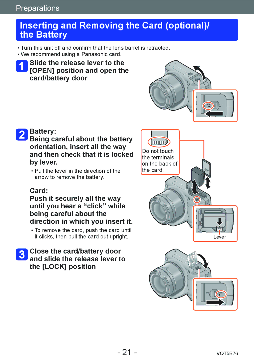 Panasonic DMC-FZ70 owner manual Inserting and Removing the Card optional/ the Battery 