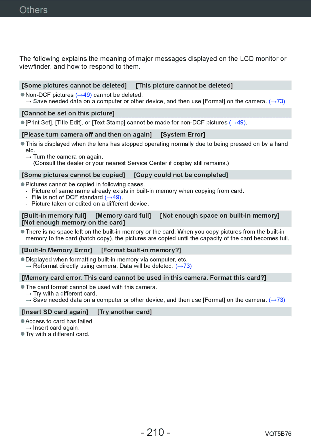 Panasonic DMC-FZ70 owner manual Message displays, 210 