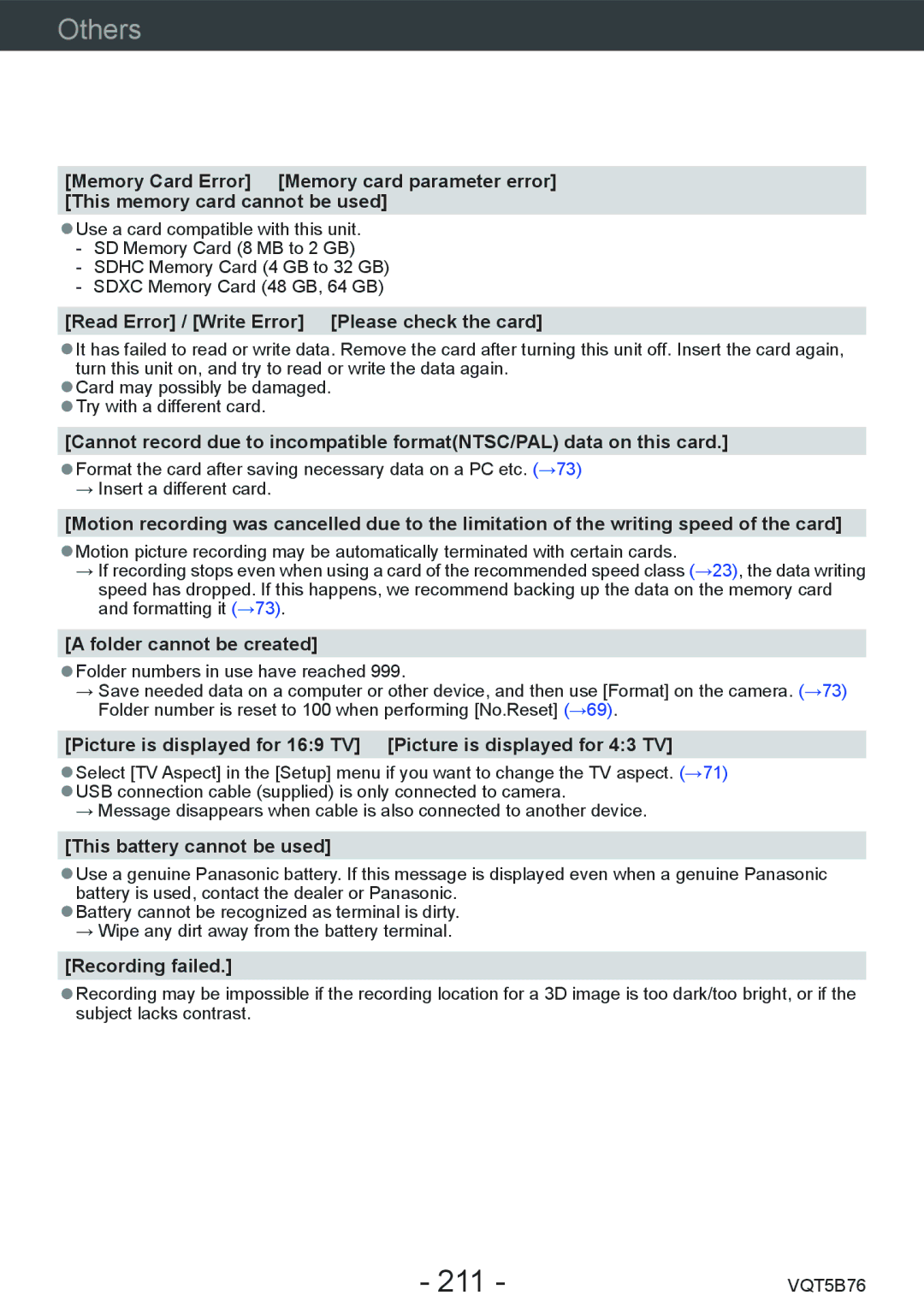 Panasonic DMC-FZ70 owner manual 211, Read Error / Write Error Please check the card 