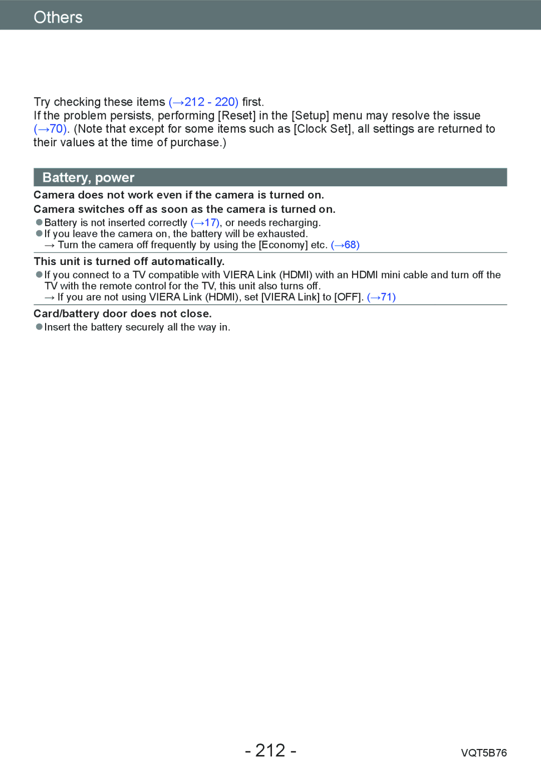 Panasonic DMC-FZ70 owner manual 212, Battery, power 