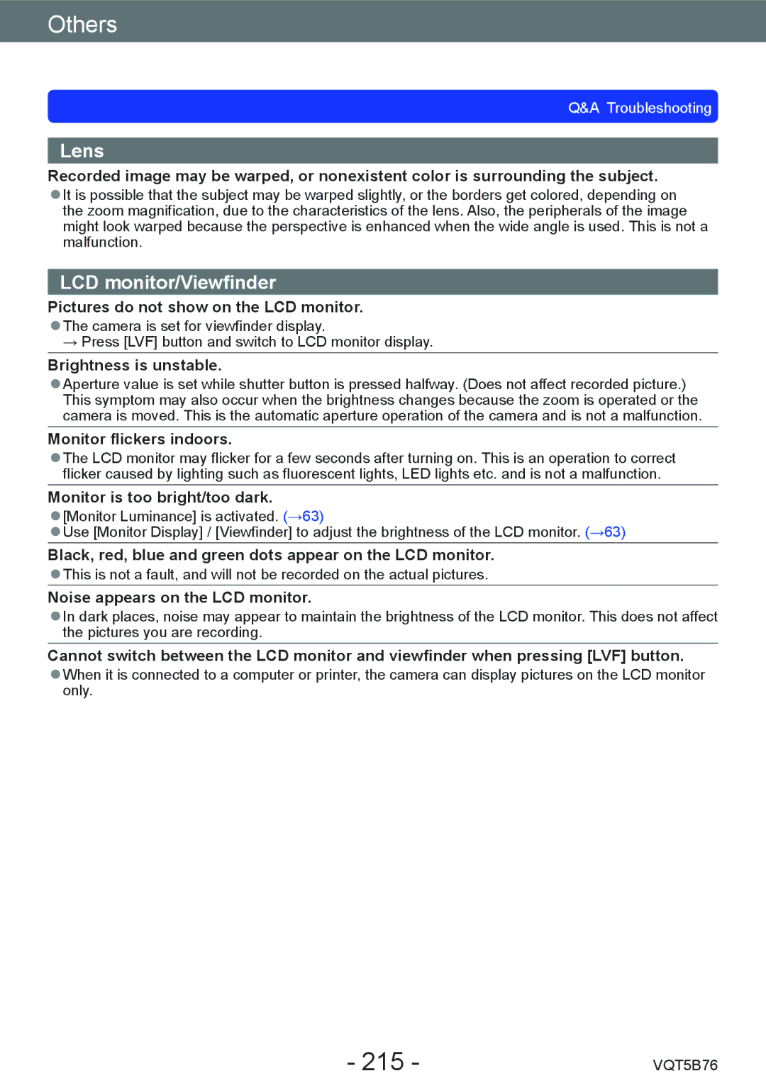 Panasonic DMC-FZ70 owner manual 215, Lens 