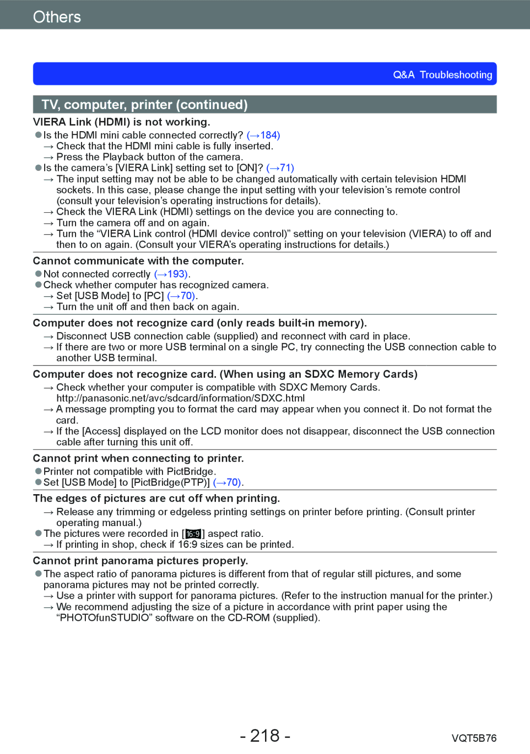 Panasonic DMC-FZ70 owner manual 218, Viera Link Hdmi is not working 