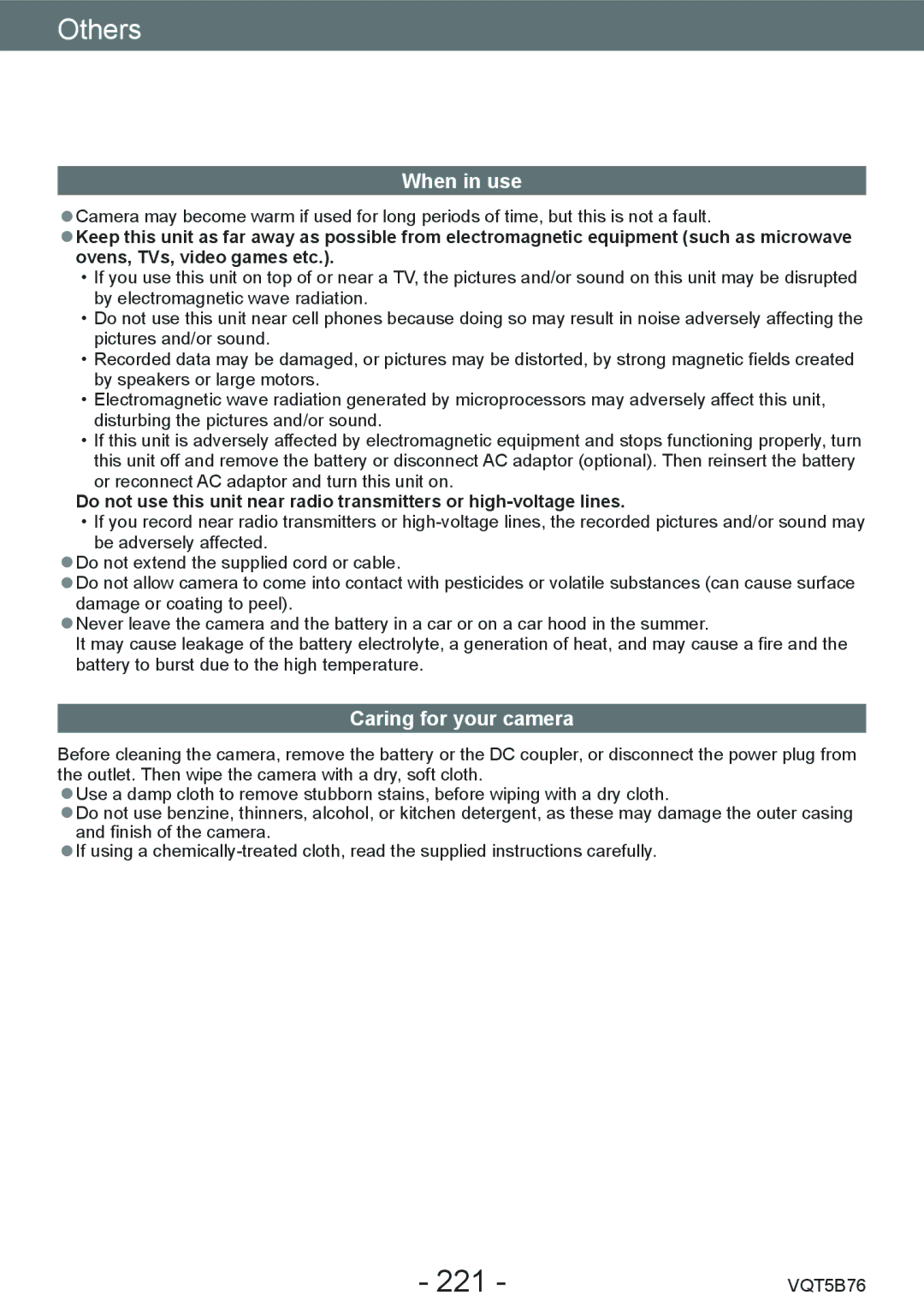 Panasonic DMC-FZ70 owner manual Usage cautions and notes, 221, When in use, Caring for your camera 