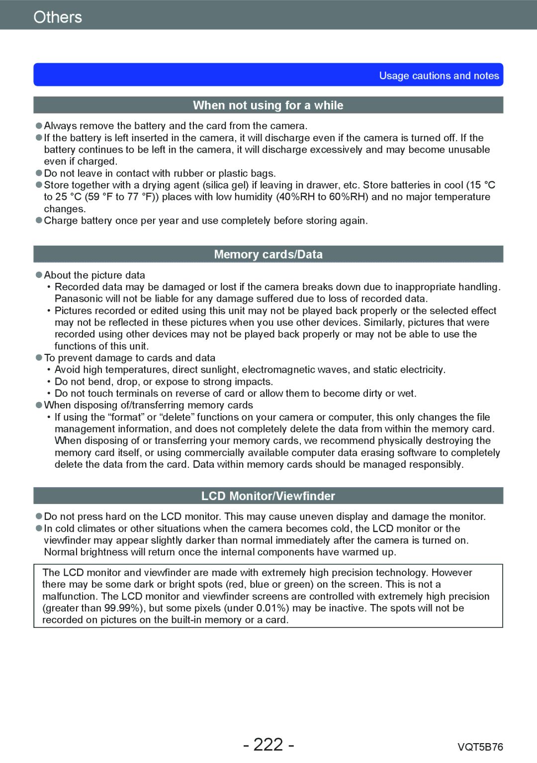 Panasonic DMC-FZ70 owner manual 222, When not using for a while, Memory cards/Data, LCD Monitor/Viewfinder 