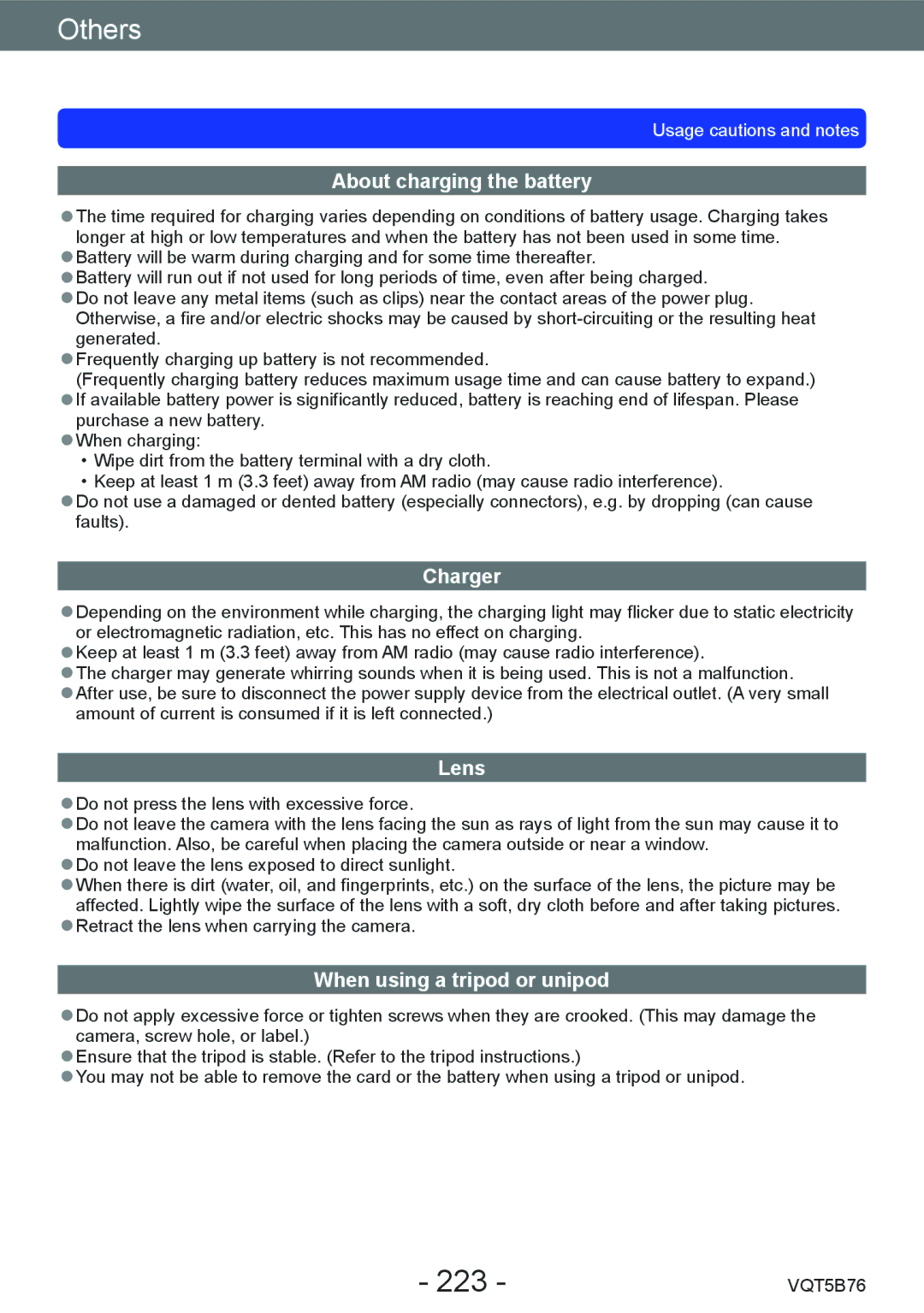 Panasonic DMC-FZ70 owner manual 223, About charging the battery, Charger, Lens, When using a tripod or unipod 