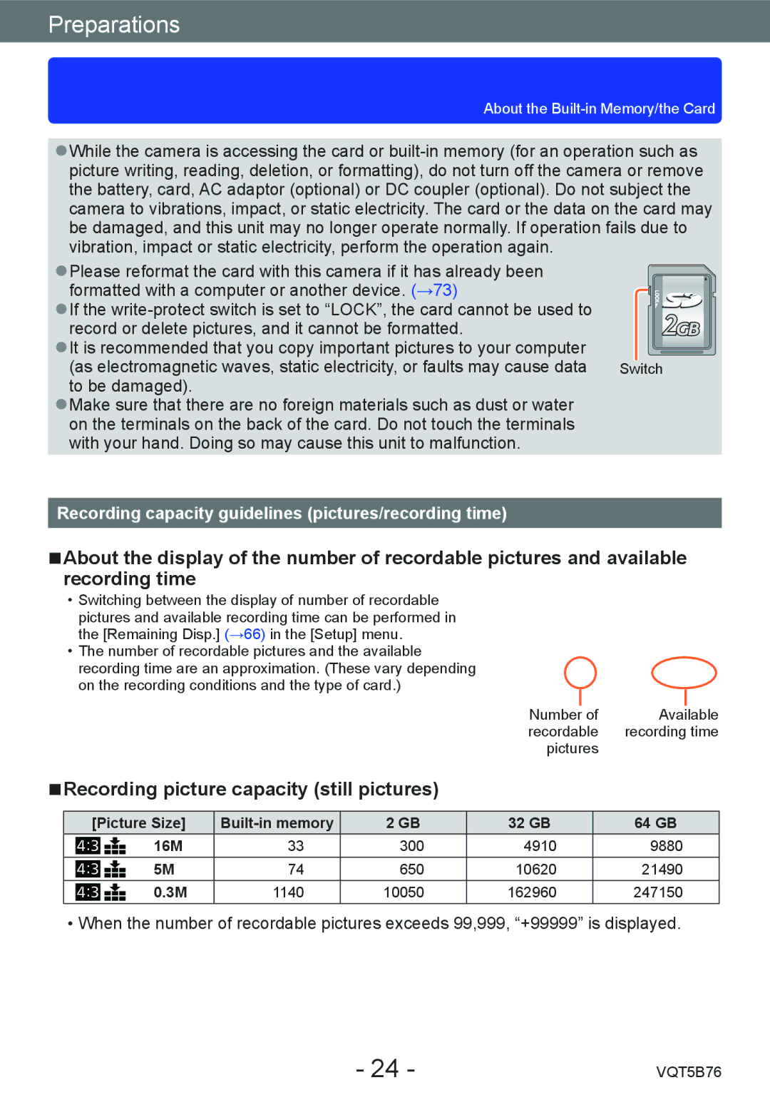 Panasonic DMC-FZ70 Recording capacity guidelines pictures/recording time, Recording picture capacity still pictures 